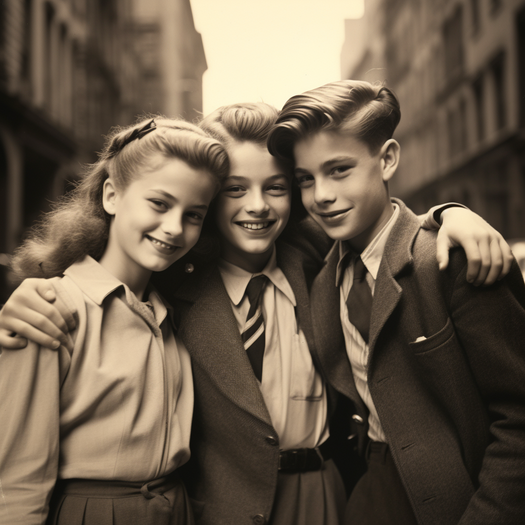 Smiling teenagers hugging on vintage street background