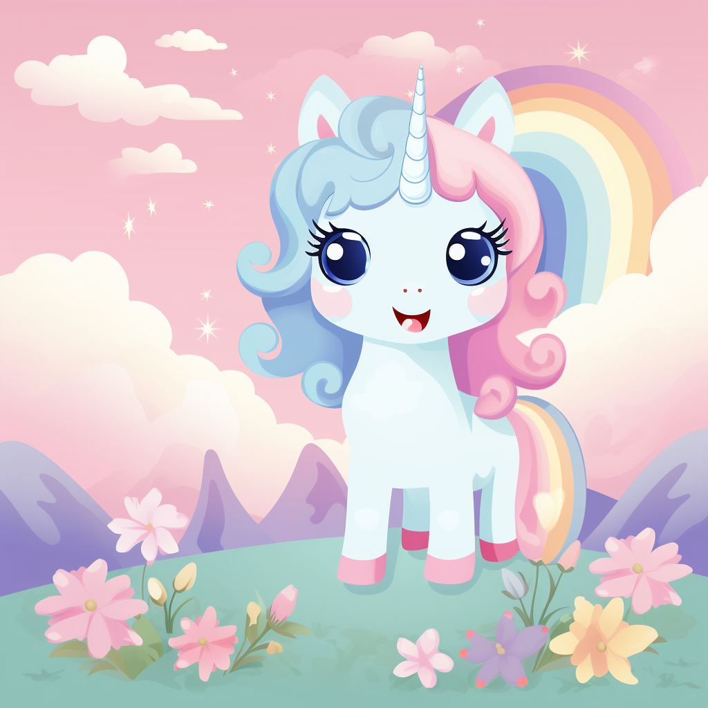 Cute kawaii unicorn illustration in pastel colors