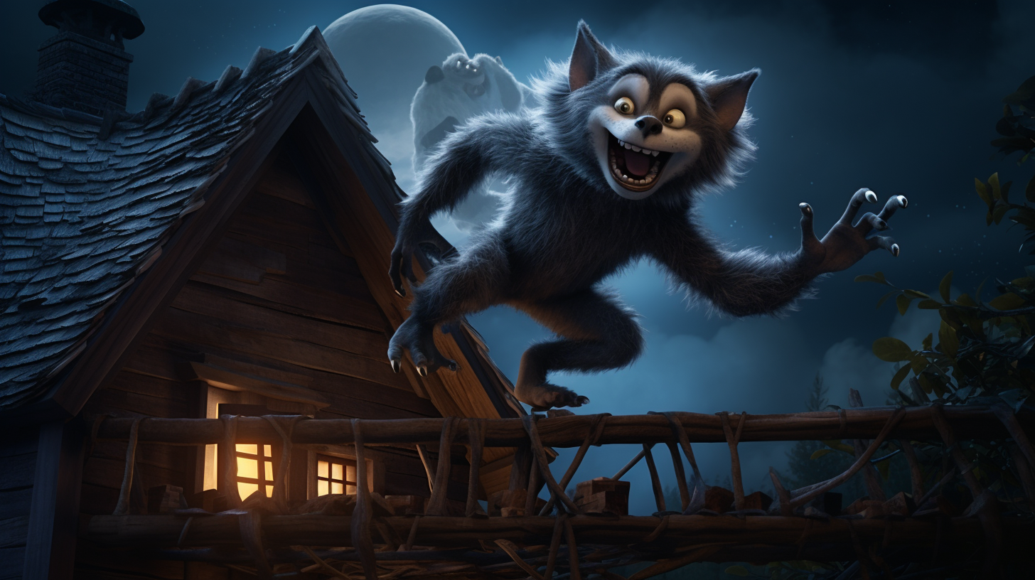 Cute werewolf climbing house in Pixar style