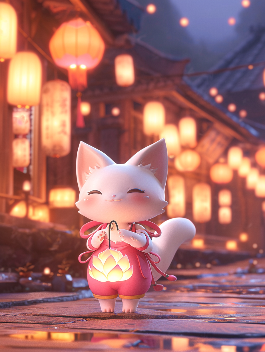 White Cat with Pink Overalls Lantern