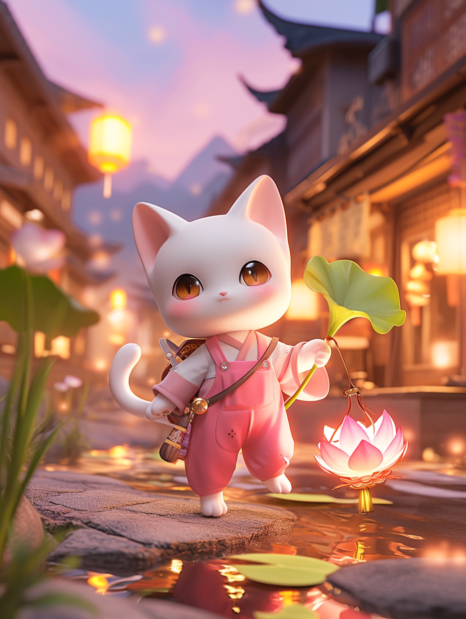 Cute cat in pink overalls with lantern