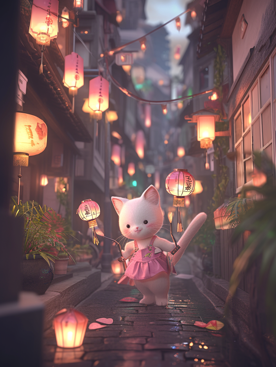 Cute white cat with lanterns