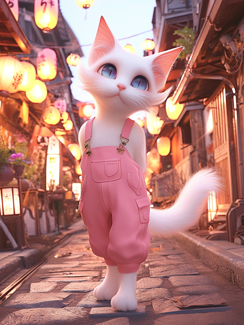 Cute cat in pink overalls