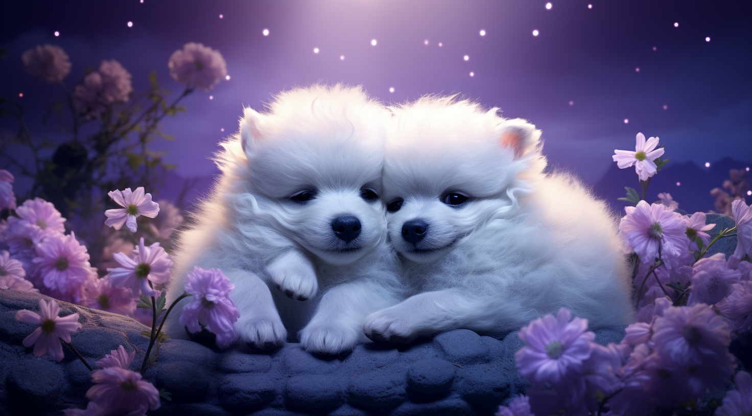 Two cute white puppies sleeping