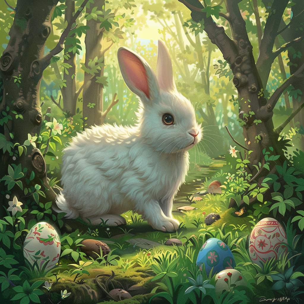 Cute white rabbit in lush forest