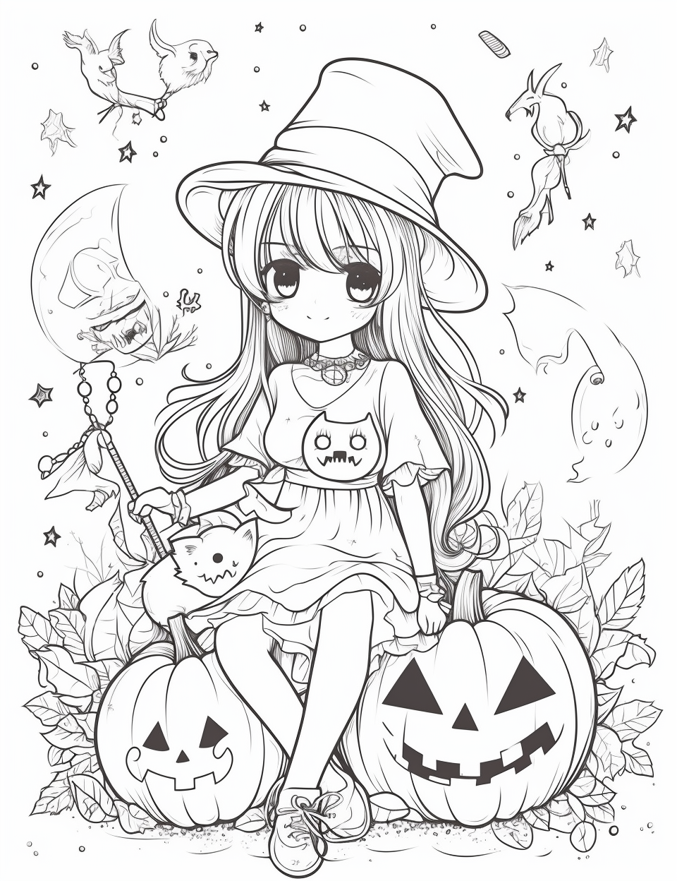 Cute Witch Illustration for Coloring