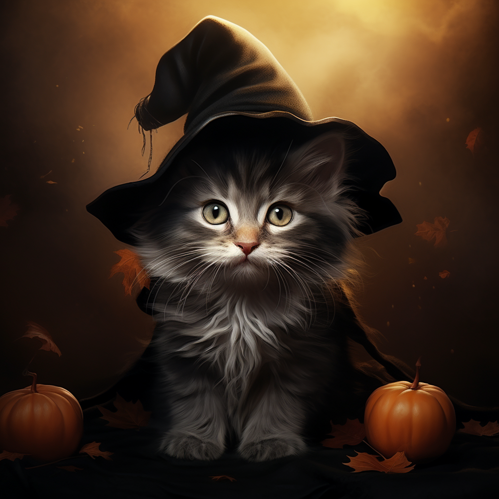 Adorable witch kitten casting a spell