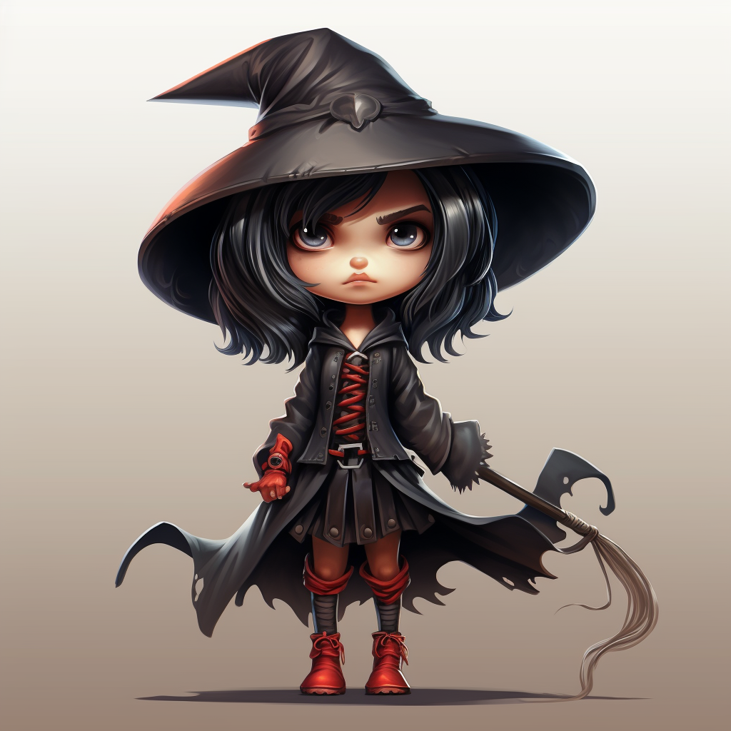 Cute witch with staff in traveling cloak