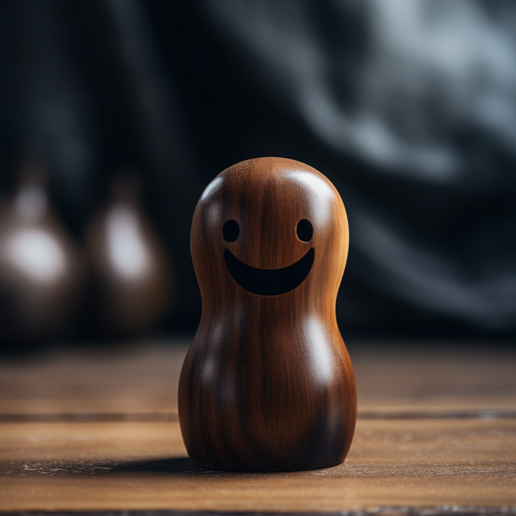 Happy wood figurine salutes on dark background