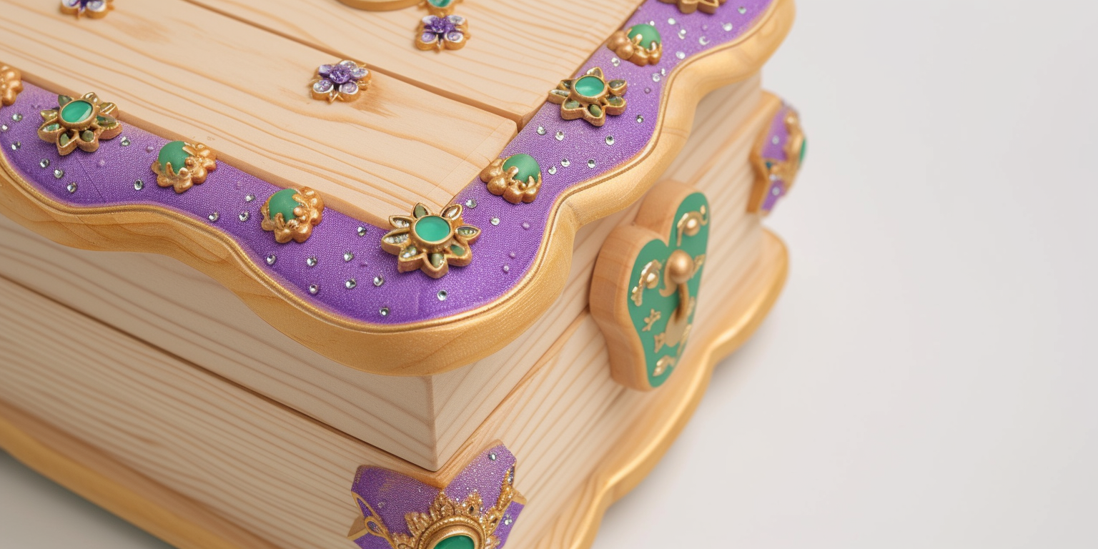 Cute wooden box with purple and gold adornments