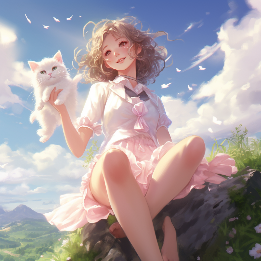 Smiling Anime Girl with White Kitten