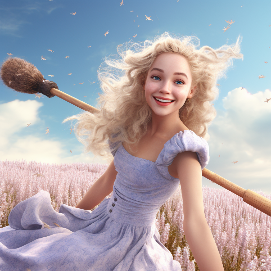 Blonde girl flying over lilac field