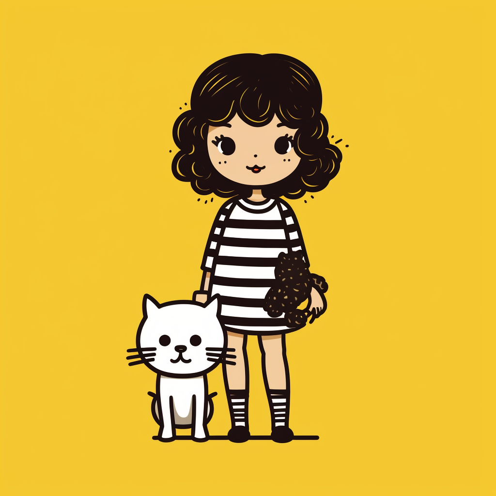 Cartoon girl holding white kitten