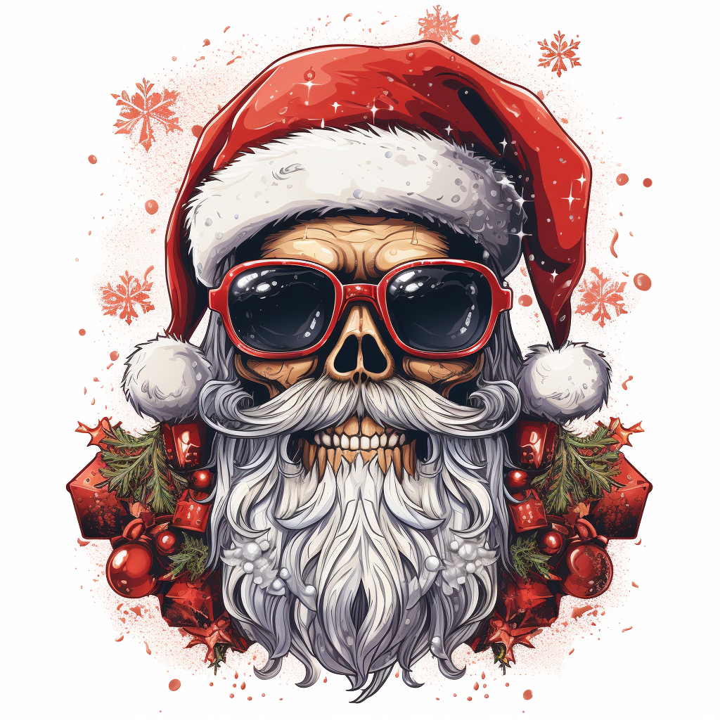 Cartoon Santa Skull with Snowflake Sparks  (6 words)