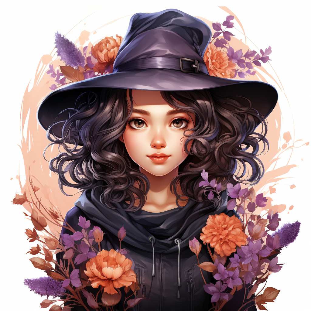 Cartoon witch with flowers on white background