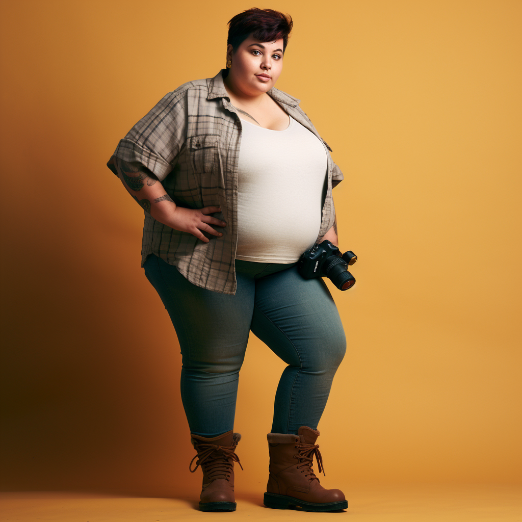 Realistic photo of a cute chubby woman with expressive eyes