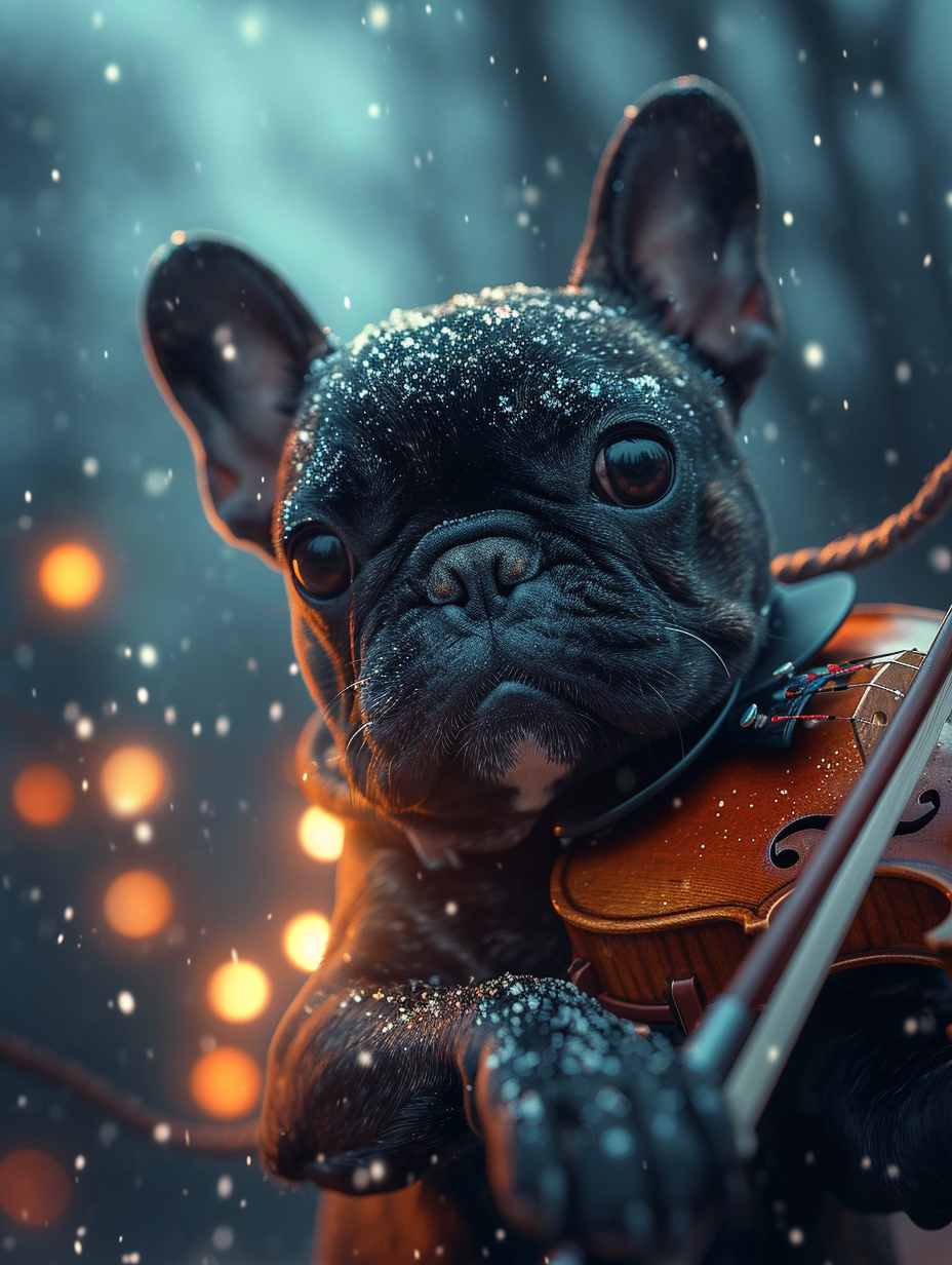 Black French Bulldog Playing Violin Under Stars