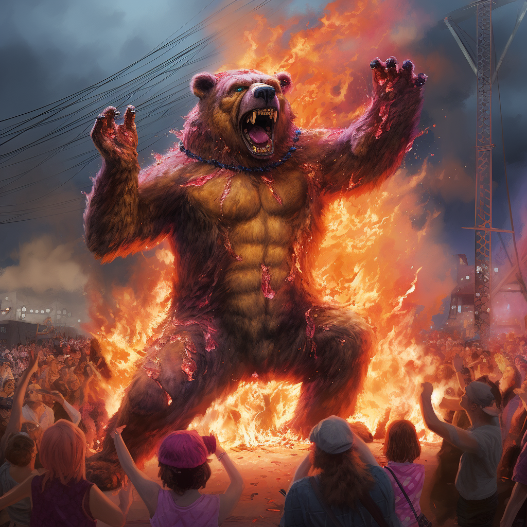 Colorful furry dancers around burning bear sculpture