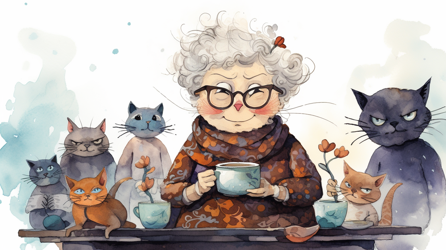 Cartoon Granny with Coffee and Cats