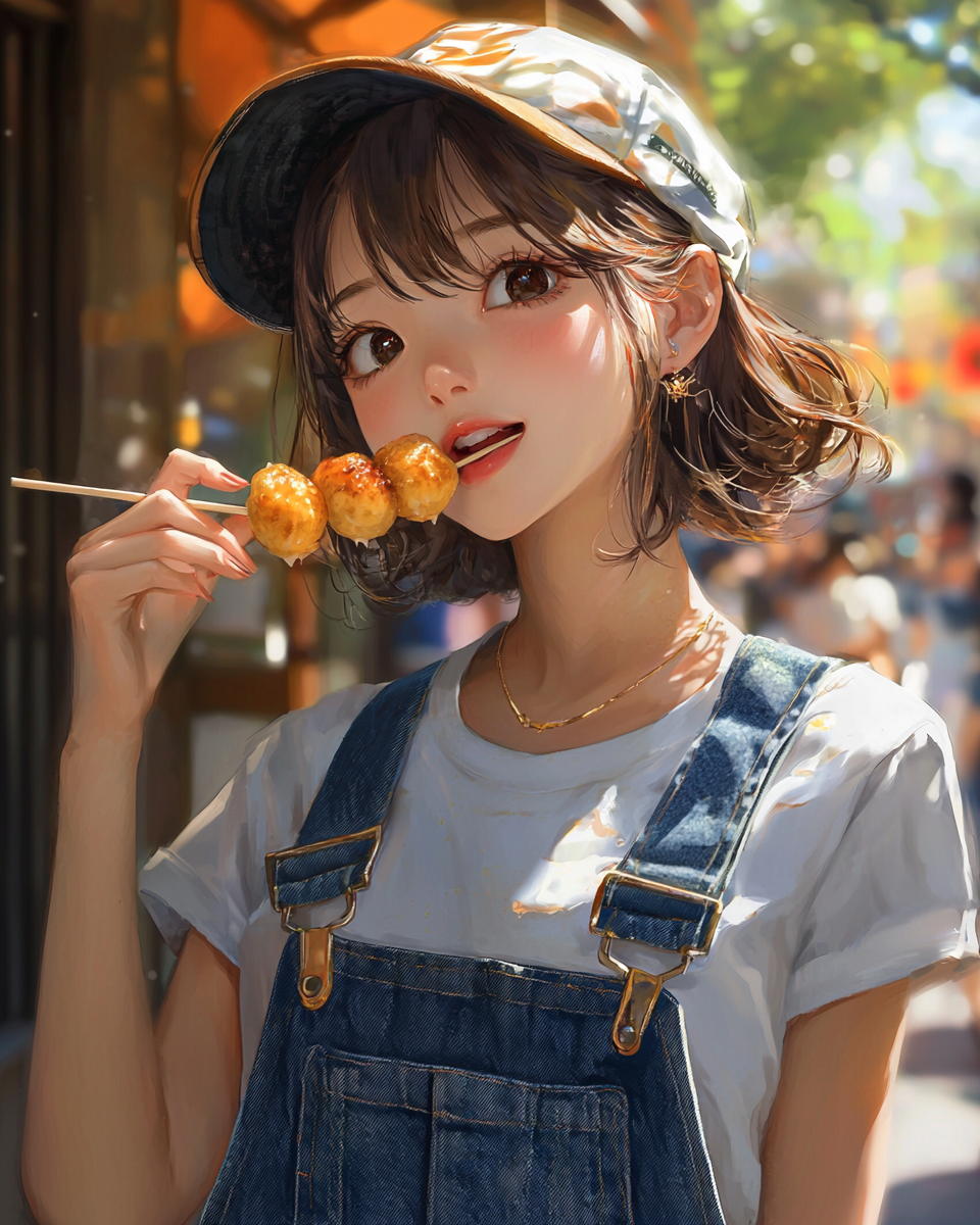 Japanese girl eating takoyaki