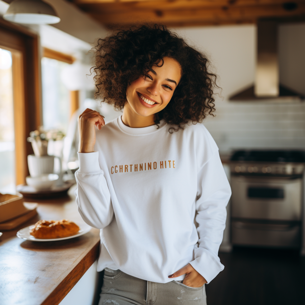 Stylish woman with cute pose wearing white crewneck sweatshirt