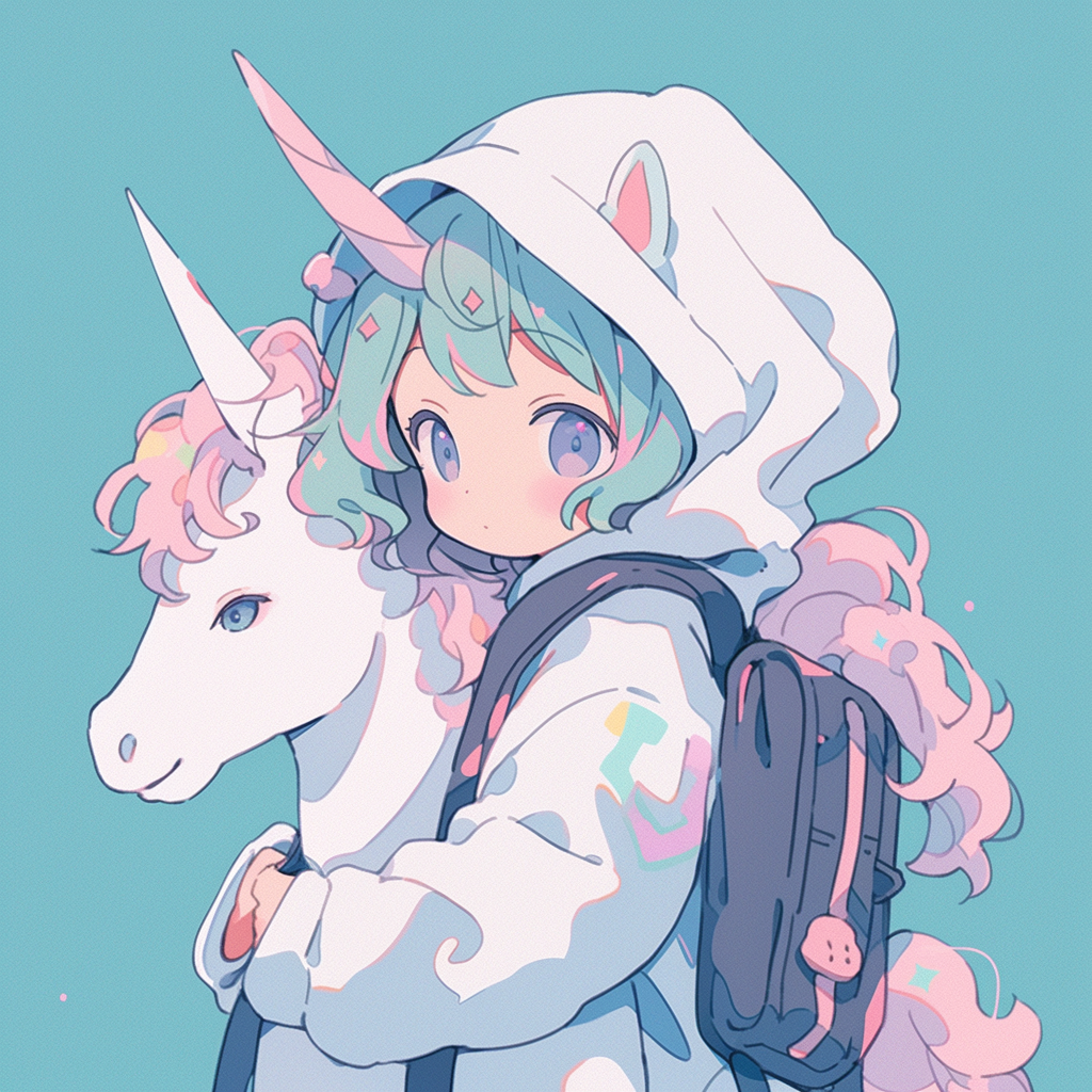 Girl riding white unicorn - cyan, blue, and green outfit