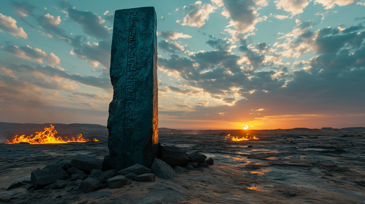 Cyan monolith with glowing inscriptions in desert  (6 words)