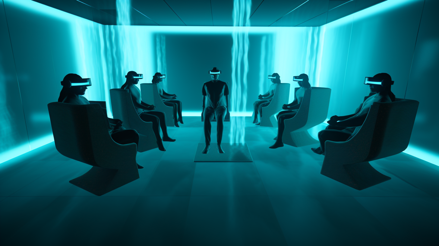 Four people wearing VR headsets in cyan-themed room