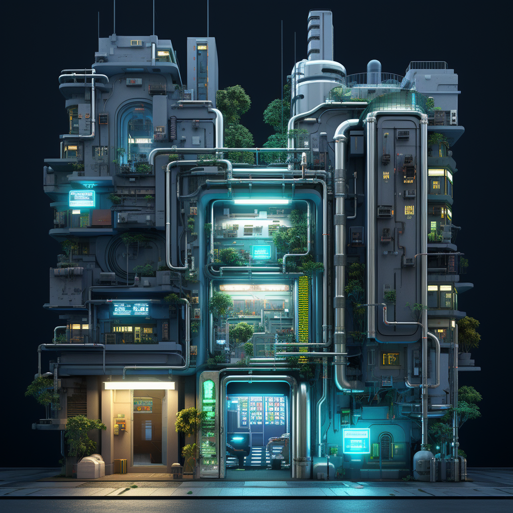 Detailed cyber city apartment entrance facade