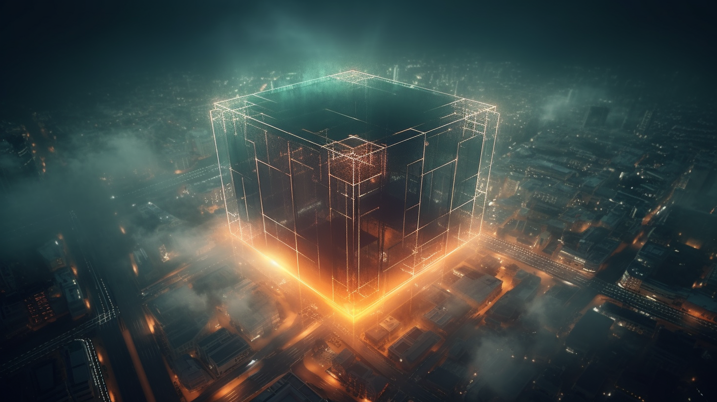 Giant floating cyber cube in the cinematic cyber city