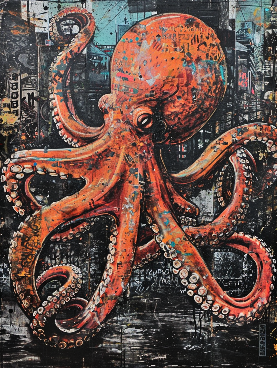 Image of a cyber punk octopus in a city with graffiti