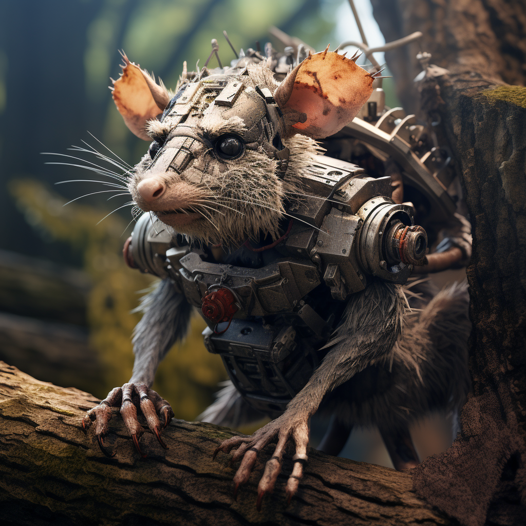 Cyber robot rat climbing tree stump