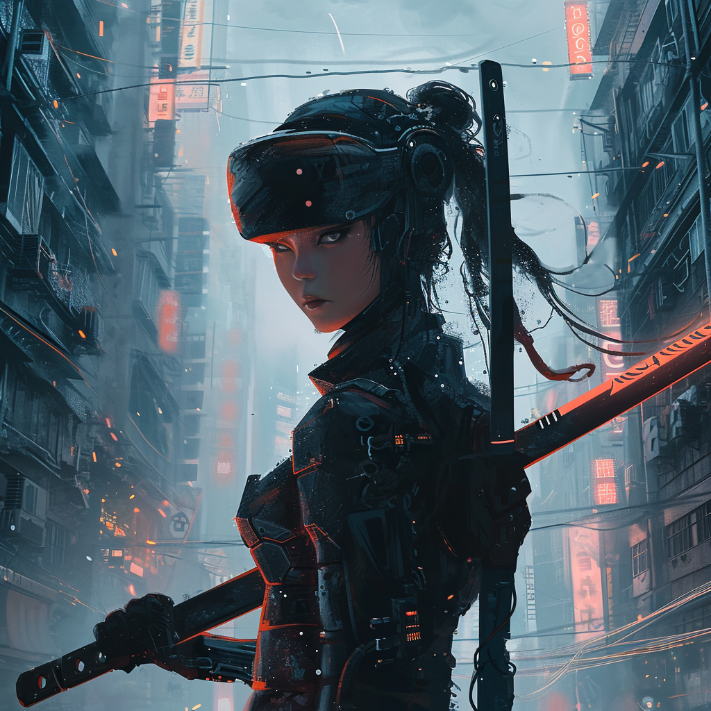 Cyber tech wear girl with giant samurai sword