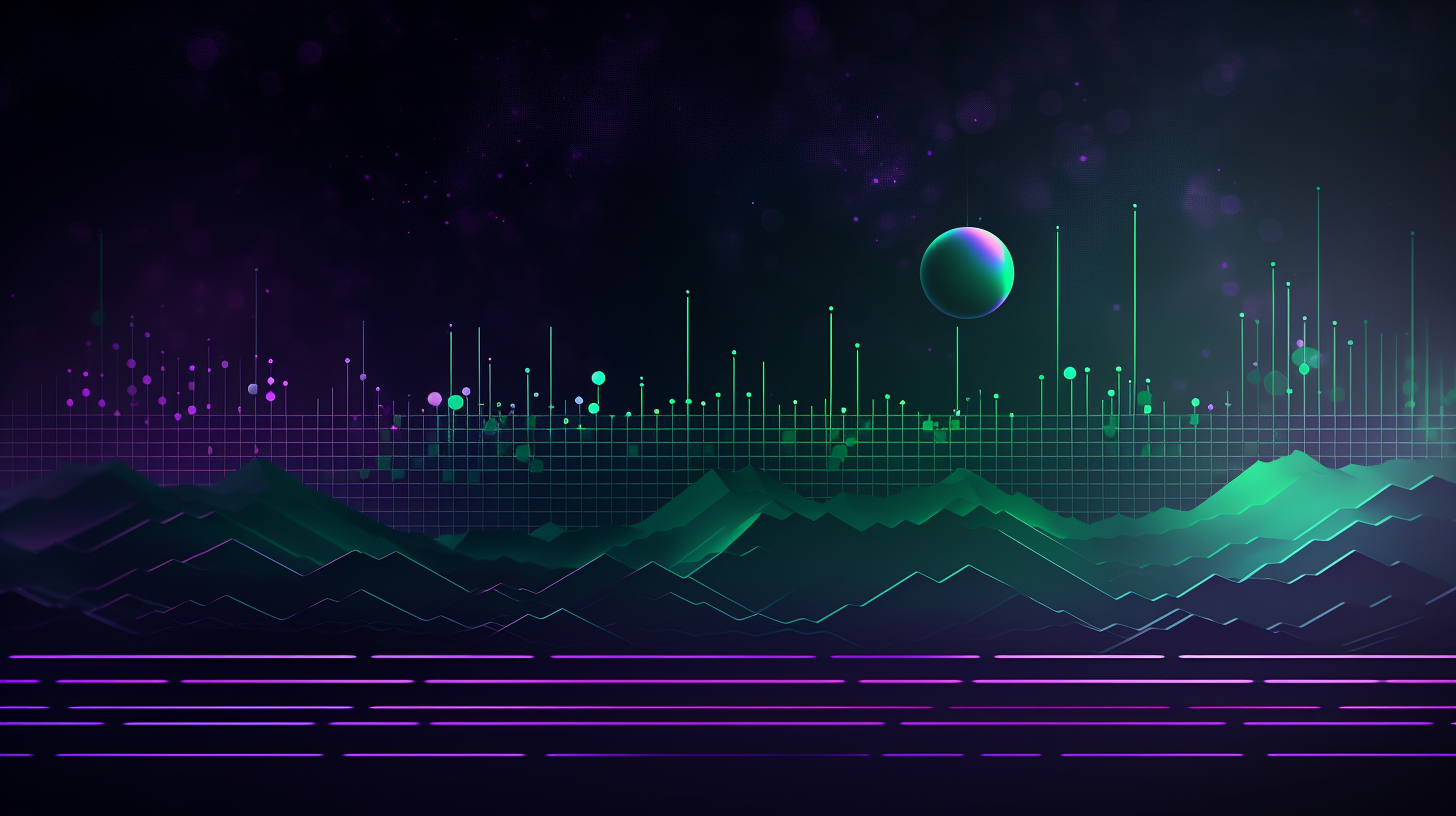 Dark Purple and Dark Green Cyber Background with Balls, Waves, and Audio Bars