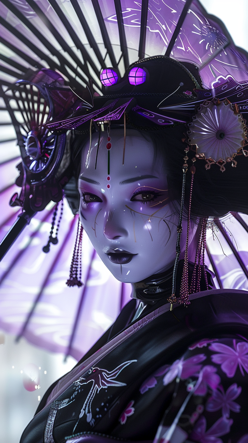 Cyber Geisha Girl in Violet and Purple