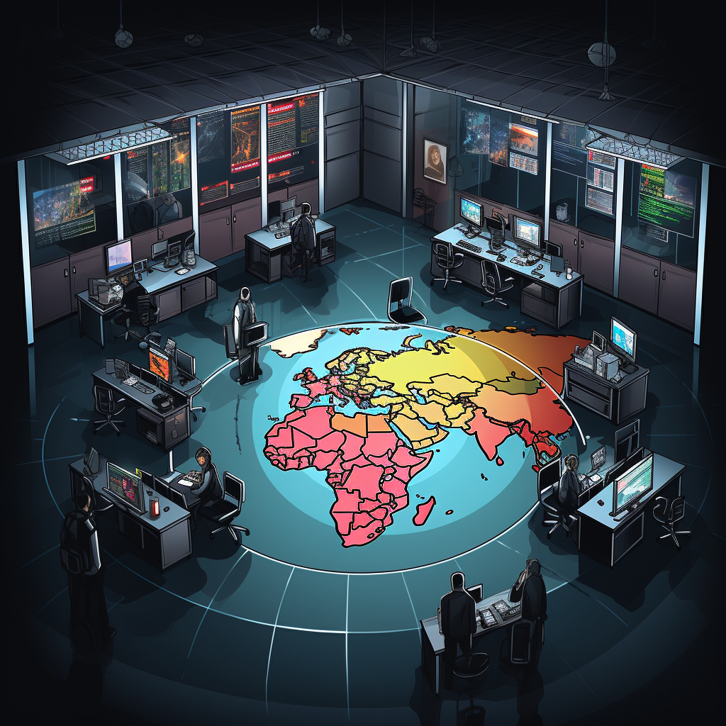 Open space office with world map and data visualization