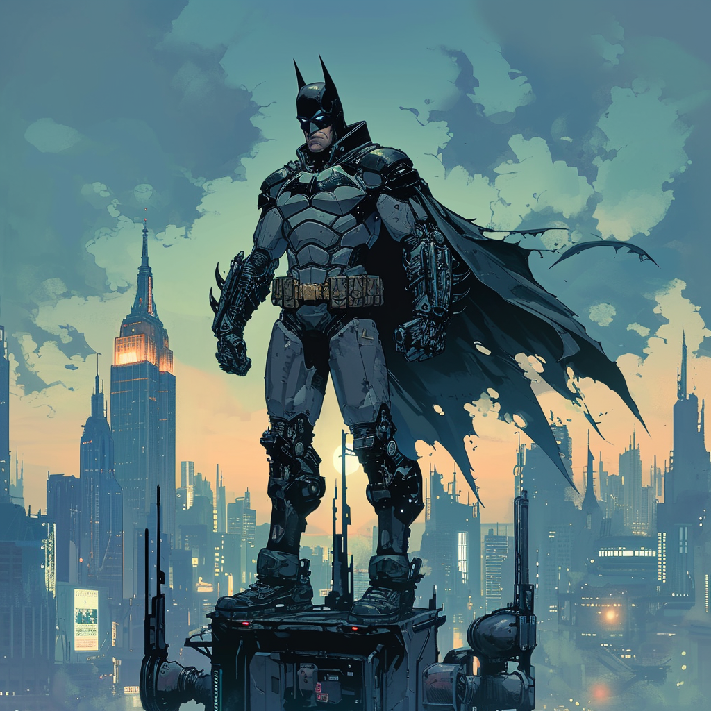 Batman with Cybernetic Arm atop City Building