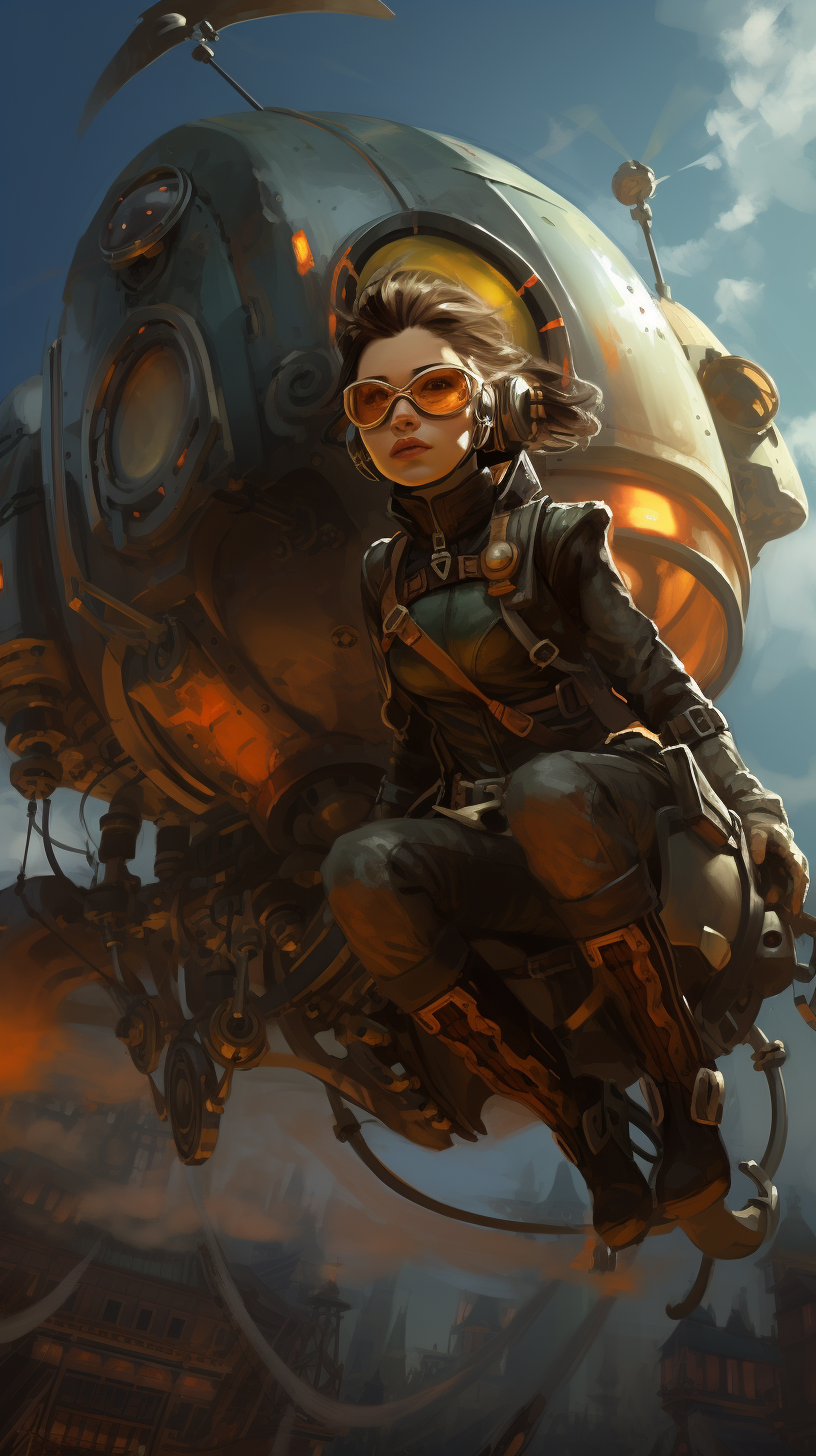 Cybernetic assassin on floating airship during twilight