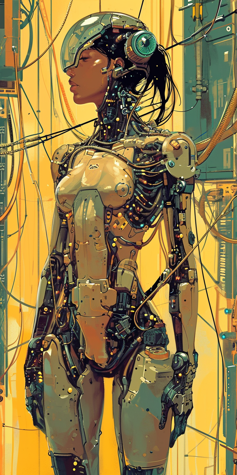 Cybernetic black woman integrated into mainframe