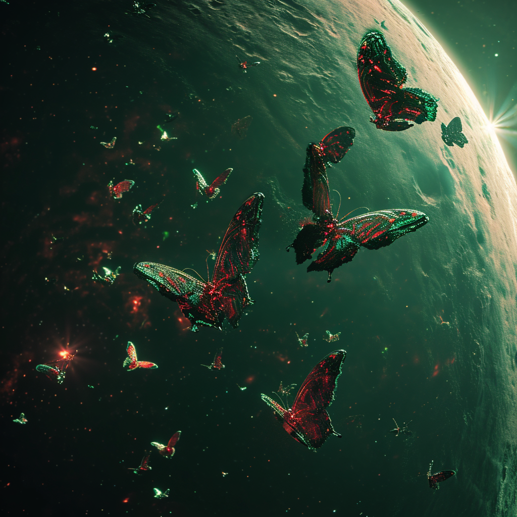 Cybernetic butterflies flying around Pluto in a cinematic shot