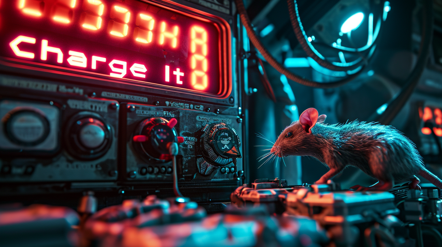 Cybernetic rat charging energy cell with 'Charge It' sign