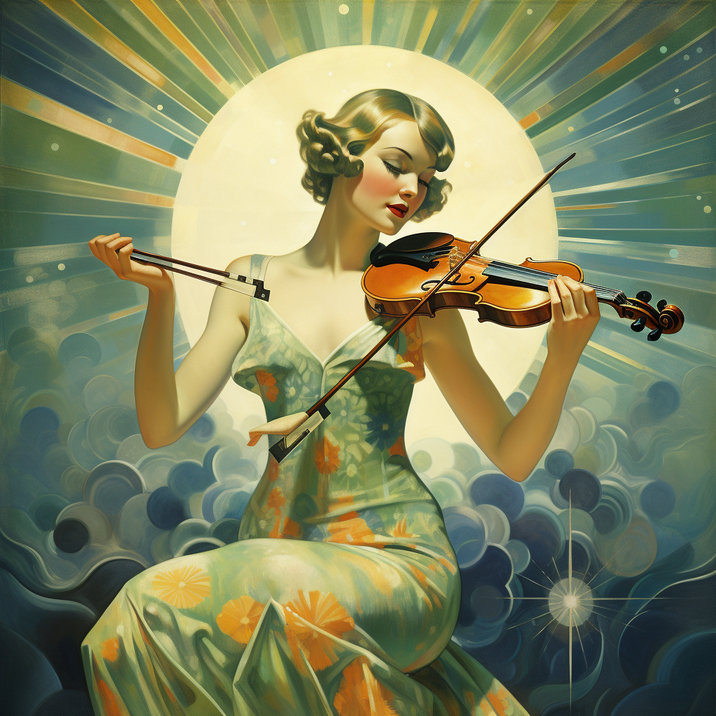 Cybernetic woman playing violin in 1920s folk country album