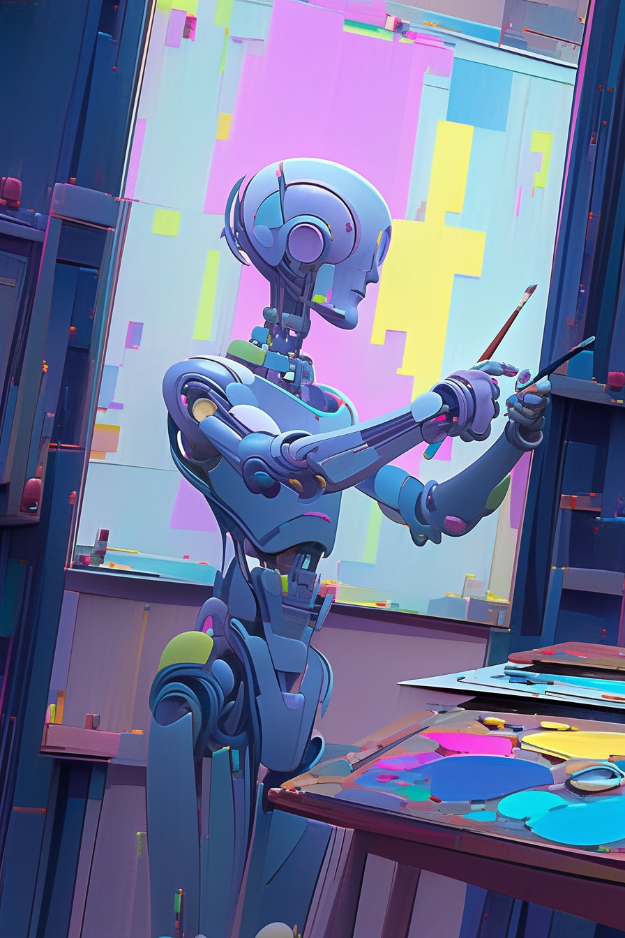 Cybernetic being painting a picture