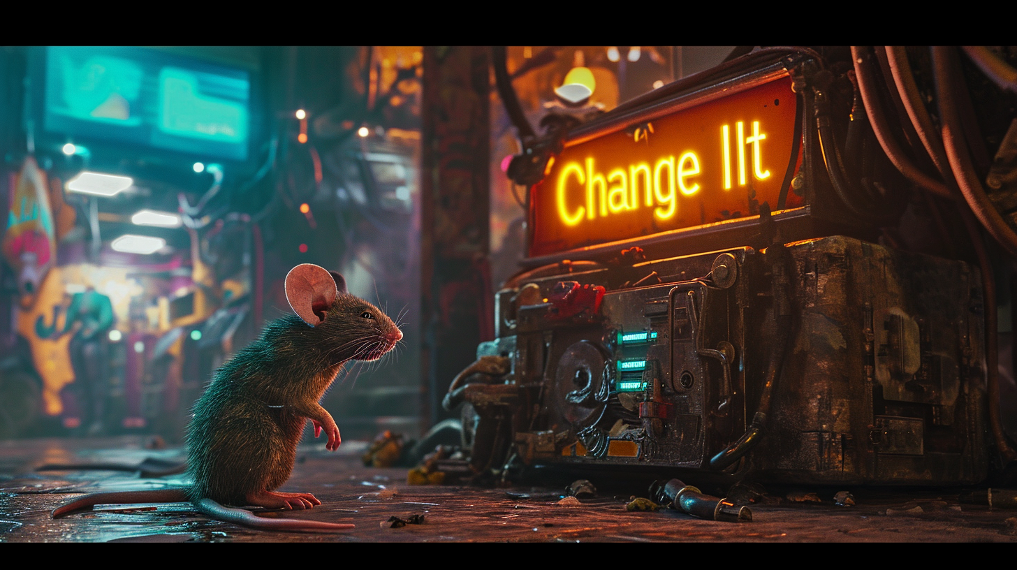 Illustration of a cybernetic rat interacting with modular tech