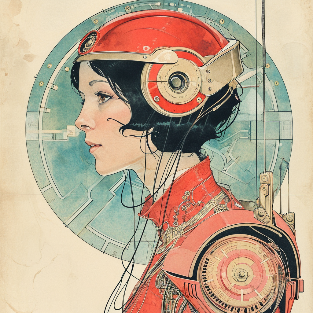 Cheerful cybernetic woman on 1920s folk album cover