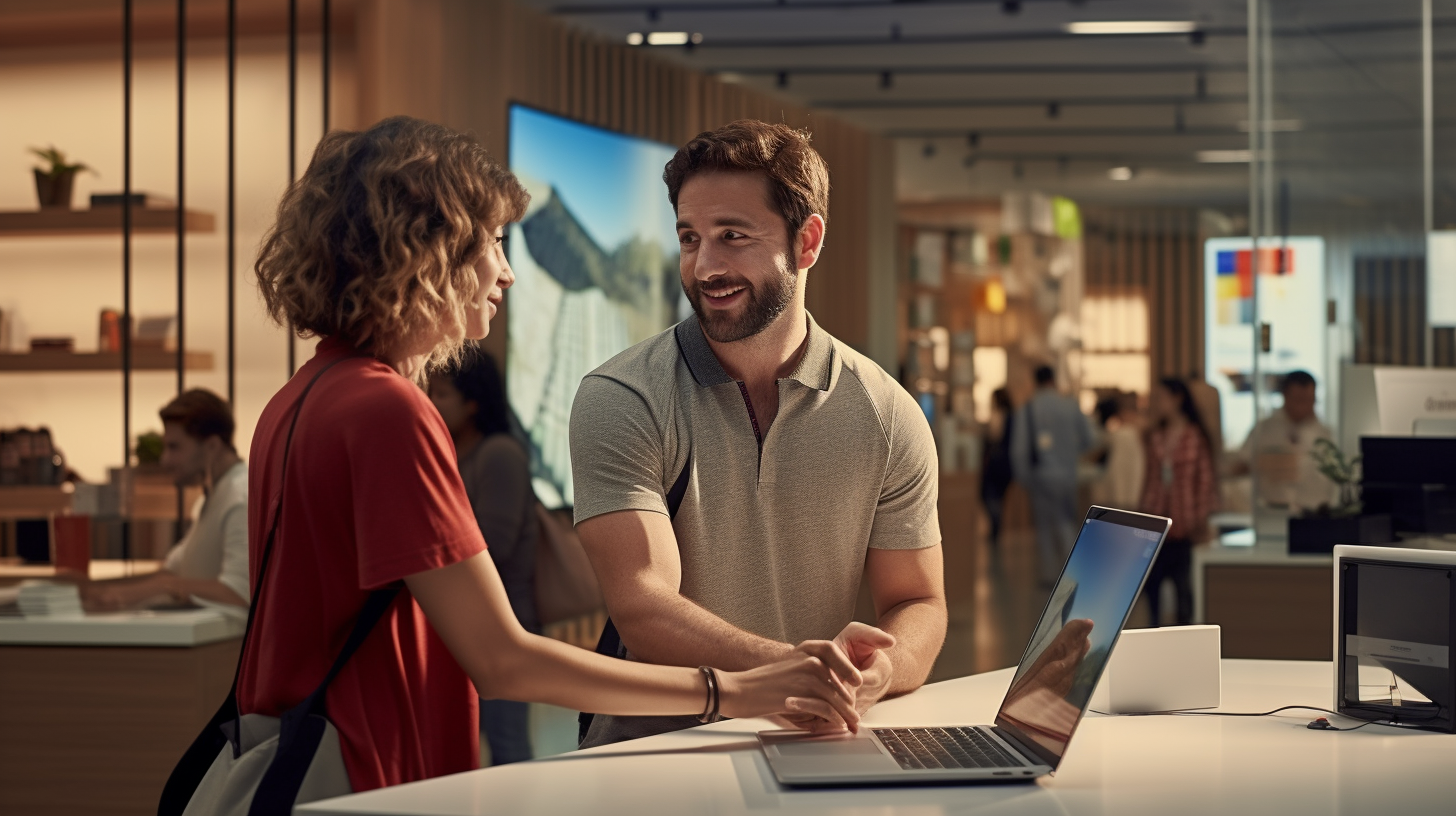 Man buying a Microsoft computer from a sales advisor