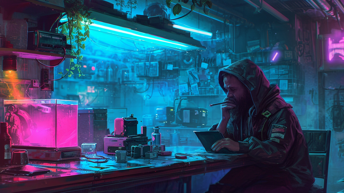 Bearded man with tools in cyberpunk neon workshop