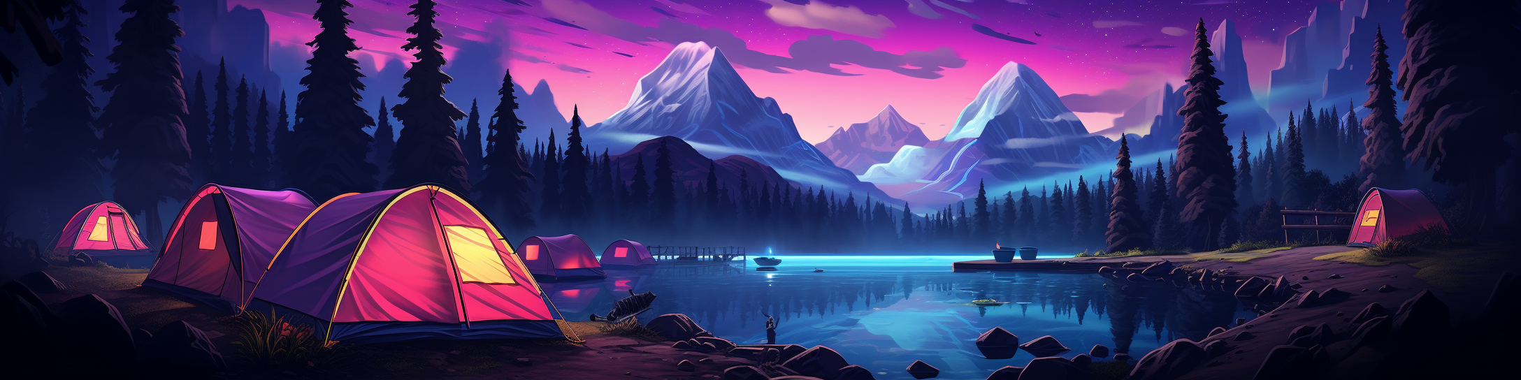 Futuristic cyberpunk camping scene with majestic mountains and neon trees