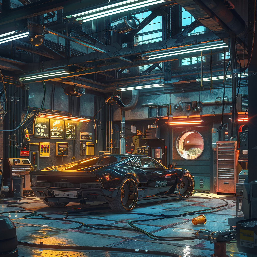 Cyberpunk Car Service Garage Scene