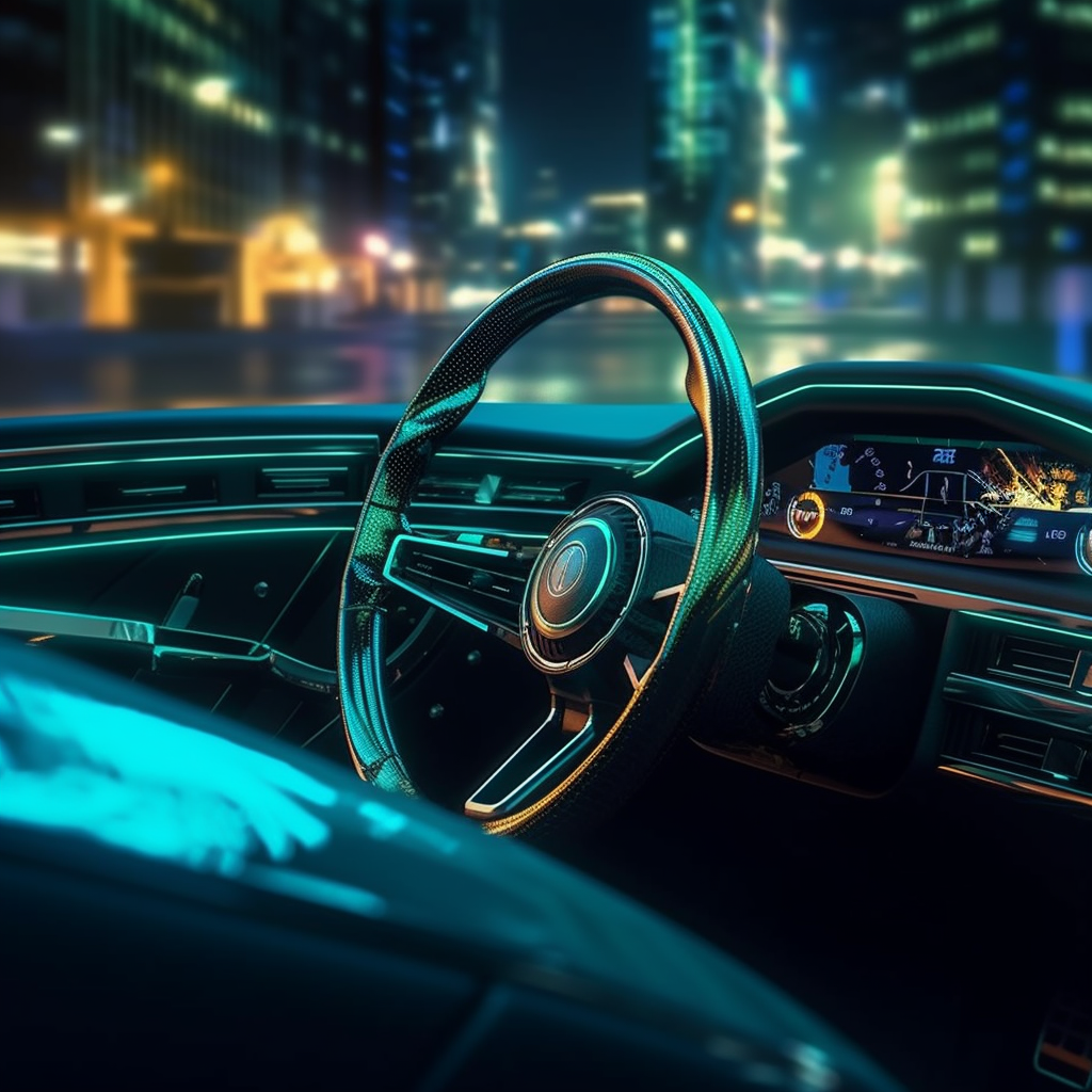 Glowing cyberpunk car steering wheel